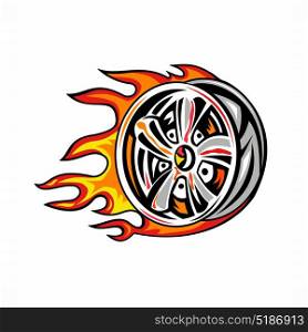 Illustration of a Flaming Wheel Rim on fire viewed from side on isolated background done in retro style.. Flaming Wheel Rim on Fire