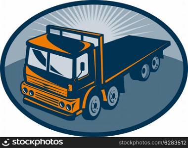 illustration of a Flatbed truck viewed from a high angle set inside an ellipse. Flatbed truck viewed from a high angle