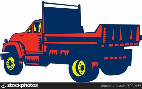 Illustration of a flatbed truck viewed from rear set on isolated white background done in retro woodcut style. . Flatbed Truck Woodcut