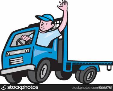 Illustration of a flatbed truck with driver waving hello on isolated white background done in cartoon style. . Flatbed Truck Driver Waving Cartoon