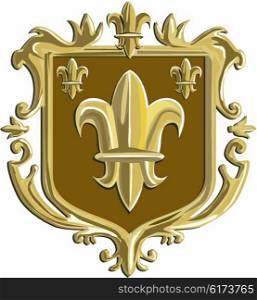 Illustration of a fleur-de-lis, fleur-de-lys or flower of the lily depicting a stylized lily or lotus flower inside a crest shield coat of arms done in retro style.