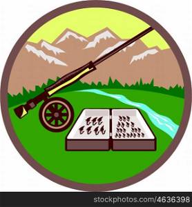 Illustration of a fly box and rod on wheel set inside circle with mountains, grass, trees and river in the background done in retro style.
