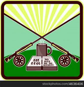 Illustration of a fly box, mug with crossed fly rods on wheels set inside rectangle shape with sunburst in the background done in retro style.