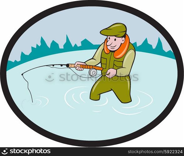 Illustration of a fly fisherman casting fly fishing rod viewed from the side set inside oval shape with mountains in the background done in cartoon style. . Fly Fisherman Casting Fly Rod Oval Cartoon