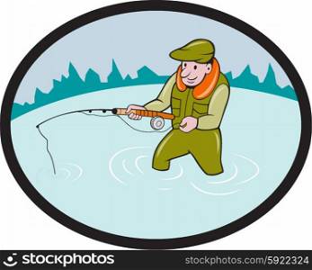 Illustration of a fly fisherman casting fly fishing rod viewed from the side set inside oval shape with mountains in the background done in cartoon style. . Fly Fisherman Casting Fly Rod Oval Cartoon