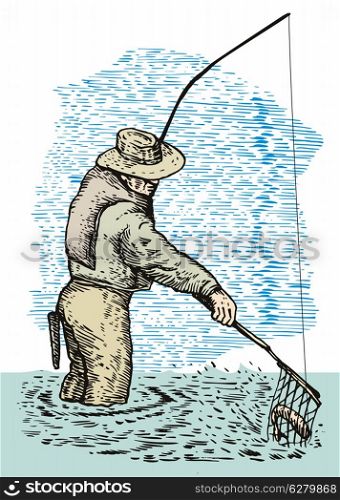 illustration of a fly fisherman casting rod and reel done in retro style. fly fisherman with rod and reel