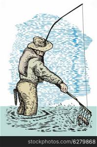 illustration of a fly fisherman casting rod and reel done in retro style. fly fisherman with rod and reel