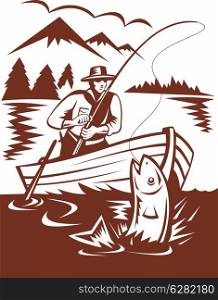 illustration of a Fly fisherman catching trout on boat done in woodcut style. Fly fisherman catching trout on boat