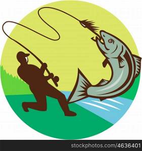 Illustration of a fly fisherman fishing casting rod and reel hooking salmon viewed from the side set inside circle with river sea in the background done in retro style. Fly Fisherman Hooking Salmon Circle Rero