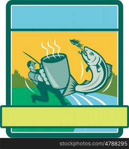 Illustration of a fly fisherman fishing holding mug catching salmon viewed from the side set inside rectangle shape with river sea and trees in the background done in retro style.. Fly Fisherman Catching Salmon Mug Rectangle Retro