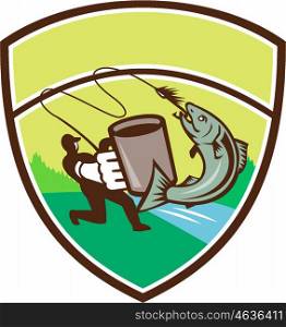 Illustration of a fly fisherman fishing holding mug hooking salmon jumping viewed from the side set inside shield crest with river sea and trees in the background done in retro style. Fly Fisherman Mug Salmon Crest Retro