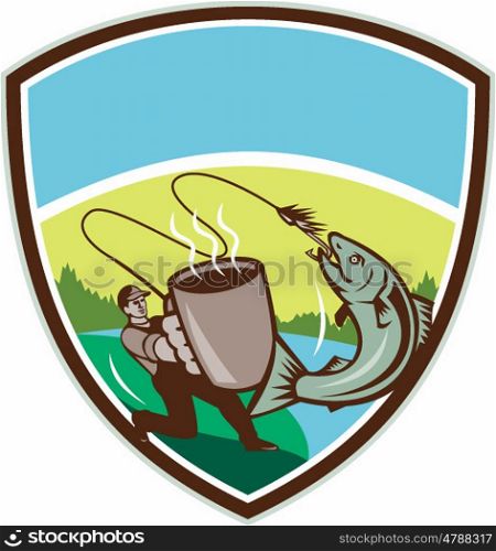 Illustration of a fly fisherman fishing holding mug hooking salmon jumping viewed from the side set inside shield crest with mountain, trees and sun in the background done in retro style