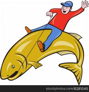 illustration of a fly fisherman riding a jumping trout fish done in cartoon style on isolated white background.&#xA;