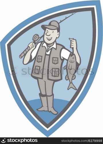 Illustration of a fly fisherman showing fish fatch holding rod and reel done in cartoon style set inside shield crest.. Fly Fisherman Showing Fish Catch Cartoon