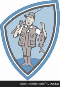 Illustration of a fly fisherman showing fish fatch holding rod and reel done in cartoon style set inside shield crest.. Fly Fisherman Showing Fish Catch Cartoon