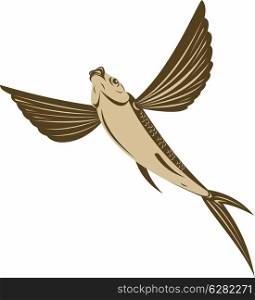 Illustration of a flying fish on isolated background done in retro style.. flying fish retro style