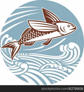 illustration of a flying fish with waves done in retro style set inside a circle. flying fish with waves retro style