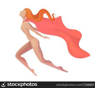 Illustration of a flying super woman in modern style with cloak. Elegant textural stylization of the girl. Vector element for postcards, articles and your design.. Illustration of a flying super woman in modern style with cloak. Elegant textural stylization of the girl.
