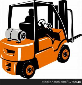 illustration of a forklift truck and driver at work done in retro style. forklift truck and driver at work