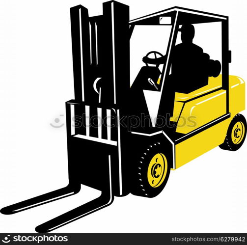 illustration of a forklift truck and driver at work done in retro style. forklift truck and driver at work