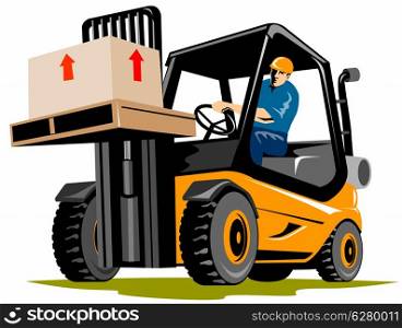 illustration of a forklift truck and driver at work done in retro style. forklift truck and driver at work