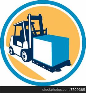 Illustration of a forklift truck and driver at work lifting handling box crate set inside circle on isolated background done in retro style. . Forklift Truck Box Circle Retro
