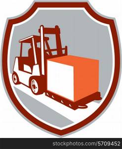 Illustration of a forklift truck and driver at work lifting handling box crate set inside circle on isolated background done in retro style. . Forklift Truck Box Shield Retro