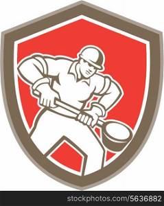 Illustration of a foundry worker holding a ladle facing front set inside shield shape done in retro style.. Foundry Worker Holding Ladle Retro