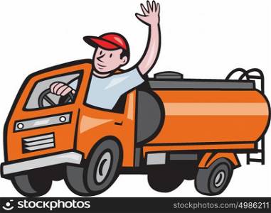 Illustration of a four 4 Wheeler tanker truck petrol tanker with driver waving hello on isolated white background done in cartoon style. . 4 Wheeler Tanker Truck Driver Waving Cartoon