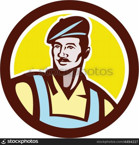 Illustration of a french artisan craft worker wearing beret viewed from front set inside circle on isolated background done in retro style. . French Artisan Wearing Beret Circle Retro