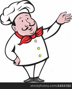 Illustration of a french chef cook baker with moustache wearing hat and bandana on neck standing with arm out welcoming greeting viewed from front set on isolated white background done in cartoon style. . French Chef Welcome Greeting Cartoon
