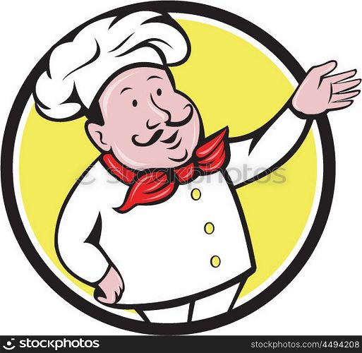 Illustration of a french chef cook baker with moustache wearing hat and bandana on neck with arm out welcoming greeting viewed from front set inside circle on isolated background done in cartoon style. . French Chef Welcome Greeting Circle Cartoon