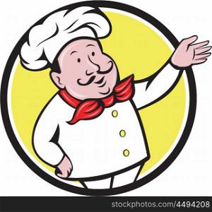 Illustration of a french chef cook baker with moustache wearing hat and bandana on neck with arm out welcoming greeting viewed from front set inside circle on isolated background done in cartoon style. . French Chef Welcome Greeting Circle Cartoon