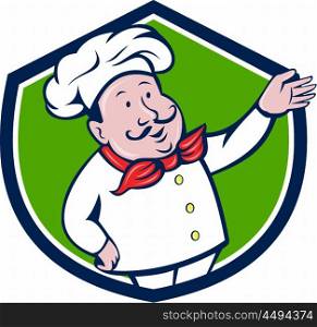 Illustration of a french chef cook baker with moustache wearing hat and bandana on neck with arm out welcoming greeting viewed from front set inside shield crest on isolated background done in cartoon style. . French Chef Welcome Greeting Crest Cartoon