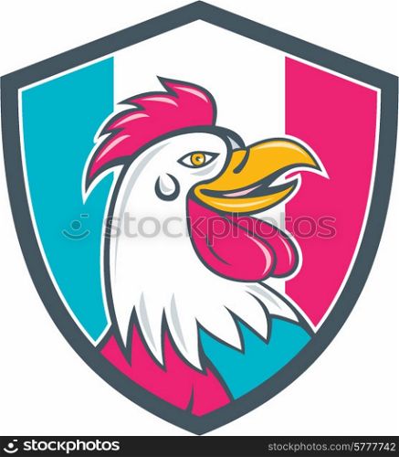 Illustration of a french rooster chicken head smiling viewed from the side set inside shield crest with france flag stripes in the background done in cartoon style. . French Rooster Head France Flag Shield Cartoon