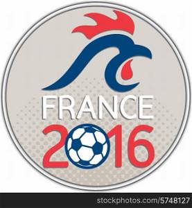 Illustration of a French rooster cockerel and soccer football ball set inside circle with half-tone dots with words France 2016 signifying the Europe football cup championships.. France 2016 Football Europe Championships Circle