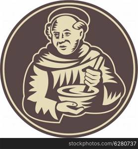 Illustration of a friar monk cook with mixing bowl done in retro woodcut style.. Friar Monk Cook Mixing Bowl Woodcut