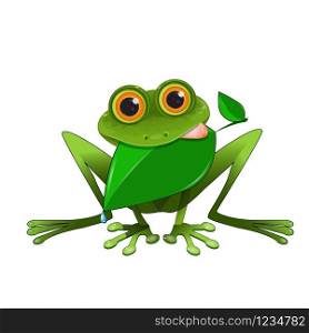 Illustration of a Frog with a Leaf in its Mouth on a White Background