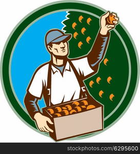 Illustration of a fruit picker fruit worker picking plum viewed from the front set inside circle shape done in retro style.. Fruit Picker Worker Picking Plum Circle