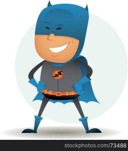 Illustration of a funny cartoon comic superhero character with gray and blue disguise standing proudly