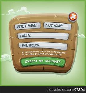 Illustration of a funny cartoon design ui app or game login form, on wooden panel, for terms of services and policy agreement on tablet pc, with green sky background. Login Form On Wood Panel For Ui Game