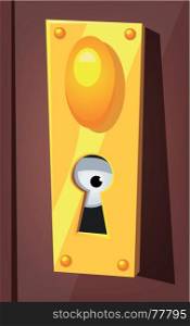 Illustration of a funny cartoon eye staring and spying from behind door lock keyhole. Eye Spying Behind Door Keyhole