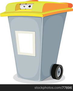 Illustration of a funny cartoon recyclable trash bin character with eyes looking from inside and yellow top, blank signs for ad message. Eyes Inside Trash Bin