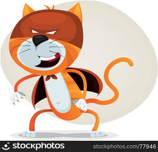 Illustration of a funny cartoon super cat animal character with mask, outfit and feline super powers. Comic Super Cat