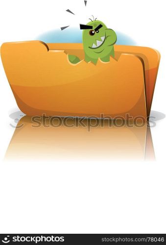Illustration of a funny cartoon worm trojan virus icon character eating data folder, symbolizing spyware, malware and computer infection. Trojan Virus Eating Folder