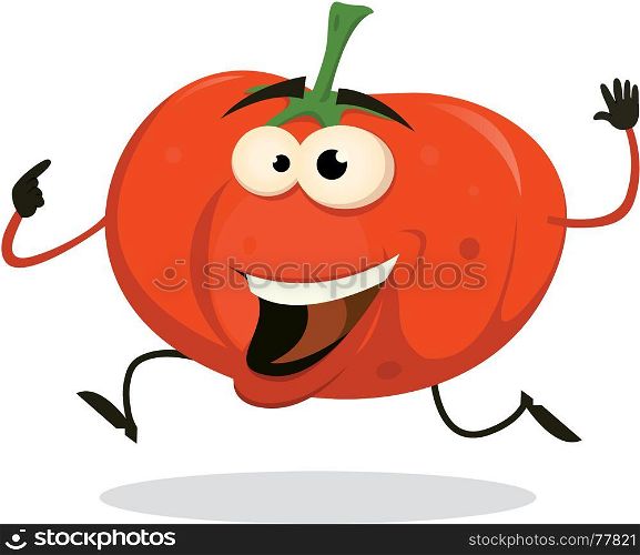 Illustration of a funny happy and healthy cartoon tomato vegetable character running. Cartoon Happy tomato Character Running