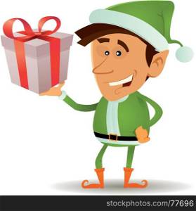 Illustration of a funny happy cartoon christmas elf or leprechaun character smiling and holding santa claus present in his hand. Christmas Elf Holding Gift