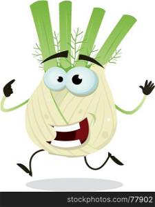 Illustration of a funny happy cartoon fennel vegetable character running. Cartoon Happy Fennel Character