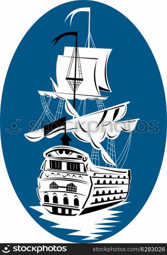 illustration of a galleon sailing ship at sea done in retro woodcut style. galleon sailing ship at sea
