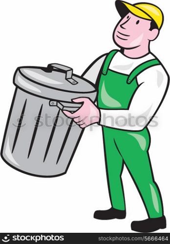 Illustration of a garbage collector carrying garbage waste rubbish bin looking to the side on isolated white background done in cartoon style.. Garbage Collector Carrying Bin Cartoon